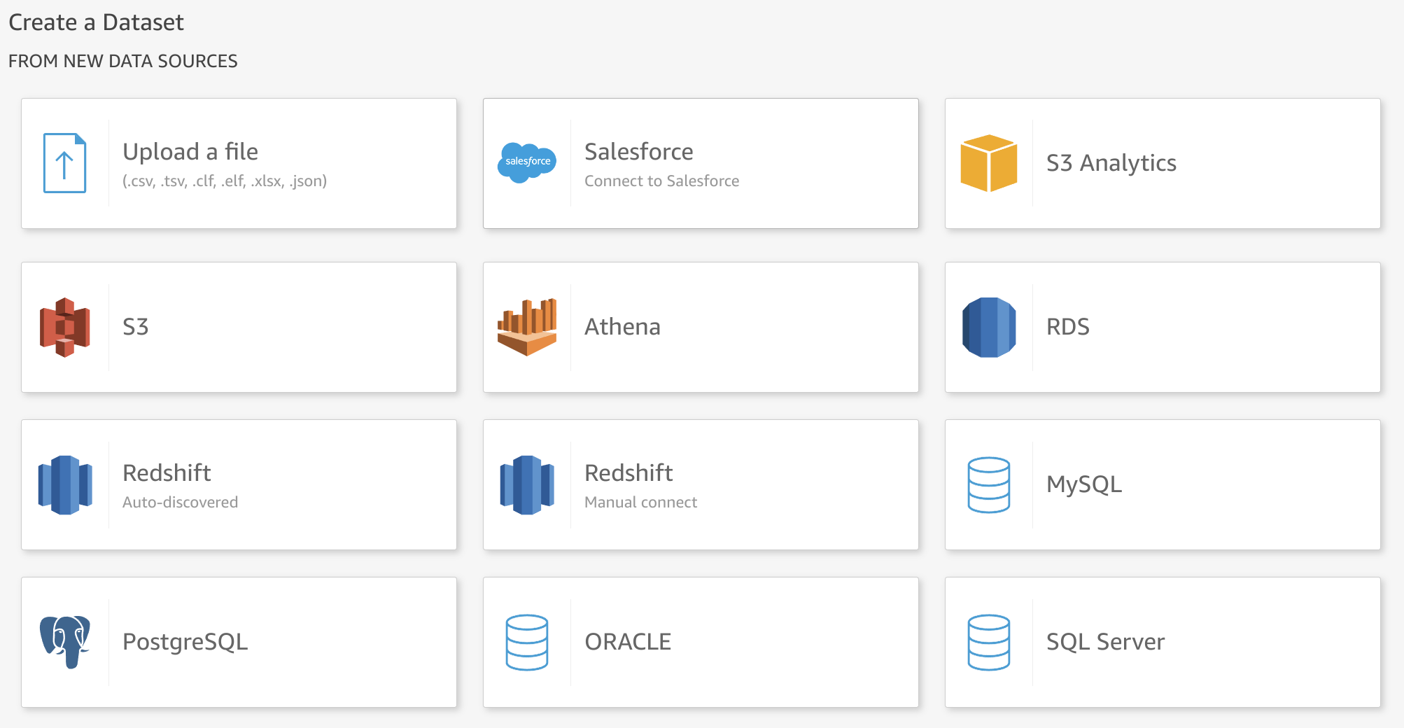 Экран выбора источника данных QuickSight с MySQL, выделенным в результатах поиска