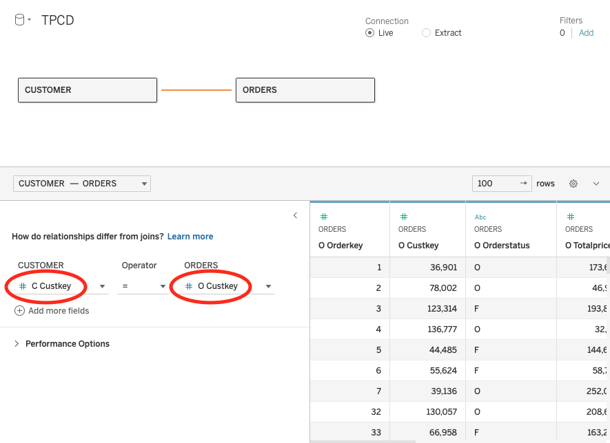 Редактор связей Tableau, показывающий соединение между таблицами CUSTOMER и ORDERS п�о полю Custkey